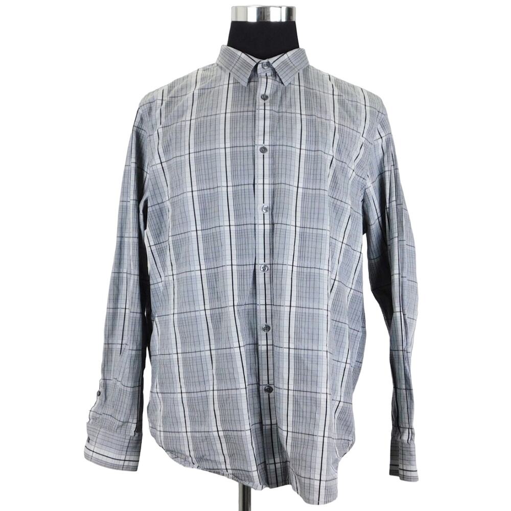 Structure Cotton Gray Checkered Long Sleeve Button Mens XXL Modern Fit Shirt